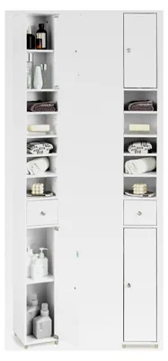 Produktbild von Schmaler Hochschrank für das Bad, Badezimmerschrank mit 2 Türen, 1 Schublade und verstellbaren Regalen, platzsparendes Badregal für Badezimmer, Wohnzimmer, Küche, 20 x 20 x 180 cm (Weiß)
