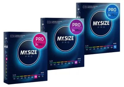 Immagine prodotto di MY.SIZE Preservativi Pro da 6, 7, 8-64, 69, 72 mm, XL e XXL, 3 x 3 preservativi – Vestibilità perfetta e dimensioni adatte a tutti