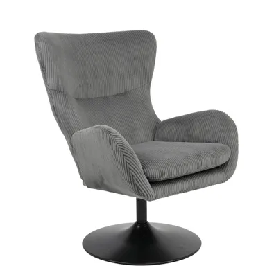 Produktbild von Hela Tische, Lounge-Sessel, Ohrensessel Samos - 360° drehbar - Breitcord Grau - gepolsterte Armlehnen - Breite Sitzfläche - Trompetengestell Schwarz