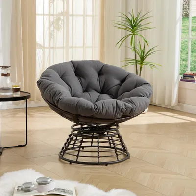 Image de Fauteuil Papasan confortable et ergonomique en rotin, pivotant à 360°, pour l'intérieur et l'extérieur, avec un coussin moelleux et épais