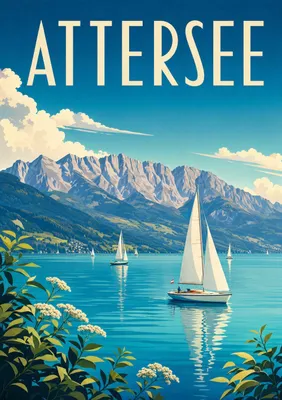 Produktbild von Attersee Poster DIN A2 – moderne Illustration mit See, Bergen und Reiseplakat-Stil, matt auf Ilford Papier gedruckt