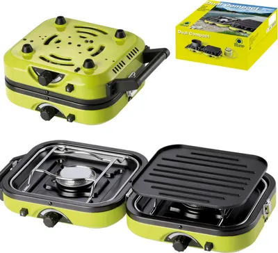 A collage of a camping stove and its packaging.
