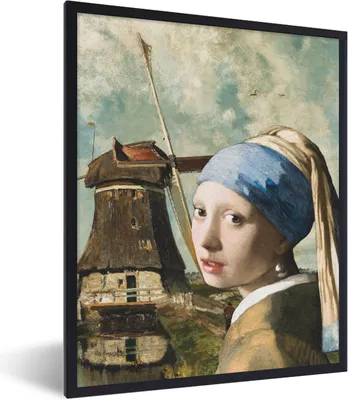 Produktbild von MuchoWow® Gerahmtes Poster Das Mädchen mit dem Perlenohrring - Johannes Vermeer - Mühle 60x80 cm - Poster mit Schwarzem Bilderrahmen Wandposter Rahmen Foto Bilder - Premium - Wanddeko Wohnzimmer
