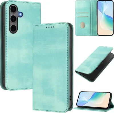 Produktbild von Handyhülle für Samsung Galaxy S25+, Vintage Leder RFID Schutz Kartenfach Standfunktion Magnetische Klapphülle Türkis