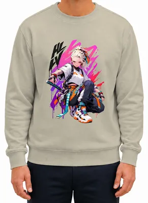 Imagen del producto de Sudadera con cuello redondo, estilo "cyberpunk", con estampado de una chica anime, katana, Japón, estética Y2K, manga, otaku. Color: natural. Talla: XL