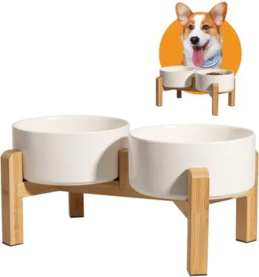 Produktbild von Hundenapf Set mit erhöhten Keramikkombinationen und Antirutsch-Bambushalter - 2 x 850 ml