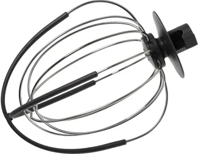 A close-up, isolated shot of a kitchen mixer whisk attachment.