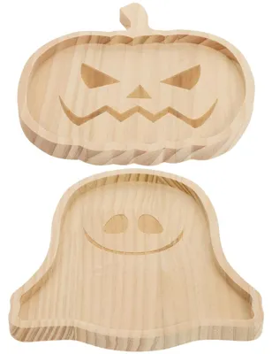 2-teiliges Halloween-Tablett aus Holz, Kürbis & Geist, 19 x 18 x 2 cm