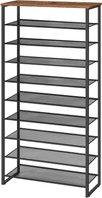Image de Rangement à chaussures à 10 étagères pouvant accueillir 32 à 40 paires, en métal, marron et noir