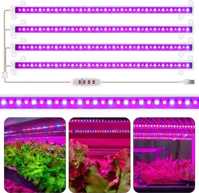A collage of images showing LED plant grow lights and plants under grow lights.