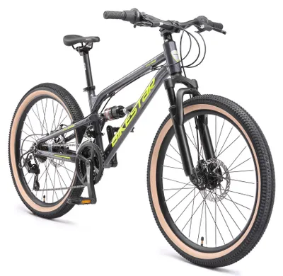 Produktbild von BIKESTAR Alu Kinder Jugend Mountainbike Vollgefedert, 21 Gang Shimano, 24 Zoll ab 9 - 10 Jahre | Fully MTB Scheibenbremse | Schwarz