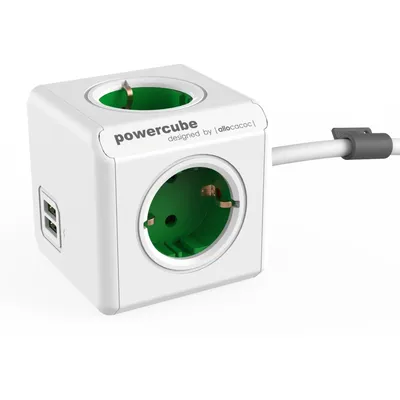 A white cube-shaped power strip with multiple outlets and USB ports, shown on a white background with a cable clip and cable.