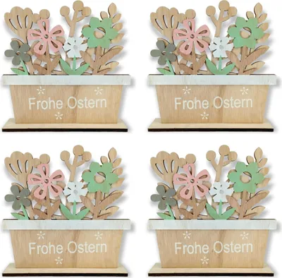 Produktbild von Holzdeko Schriftzug Frohe Ostern mit Blumen 22 x 23cm 4 Stück Osterdeko Tisch-Deko