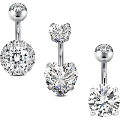 Zdjęcie produktu dla Zestaw do piercingu pępka, 3 sztuki, 14G, 6mm, stal nierdzewna, serce, kryształ, cyrkonie, srebro