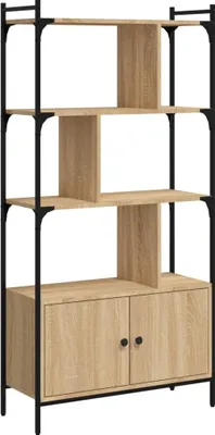 A freestanding bookshelf with a wood-grain finish and black metal frame.
