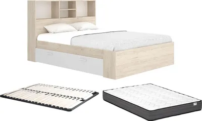 Produktbild von Bett 140 x 190 cm mit Kommode und - Natur und weiß + Rahmen + Matratze - VARDIEL