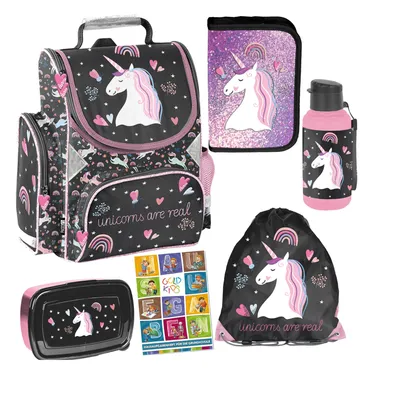 Produktbild von Goldkids -Schulranzen für Jungen und Mädchen, 6er-Set - Schul-Rucksack für Kinder mit Federmäppchen - Schuhbeutel Trinkflasche und Brotdose - Einhorn