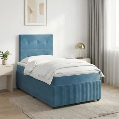 Immagine prodotto di Letto matrimoniale con boxspring e materasso, imbottitura in velluto, con testiera blu, dimensioni 120 x 190 cm