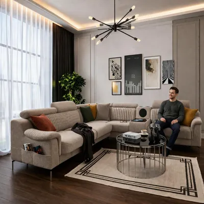 Immagine prodotto di Comodo divano ad angolo a forma di U con dettagli eleganti e cuscini