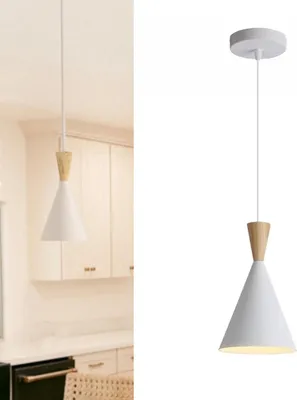 Produktbild von Nordische Pendelleuchte aus weißem Aluminium mit Holzdetails – E27-Fassung für Wohnzimmer und Esszimmer