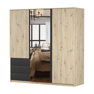 A three-door wardrobe with mirrored doors and three drawers, shown against a white background.