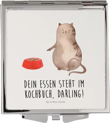 Produktbild von Mr. & Mrs. Panda Klappspiegel Katze Fressen - Weiß - Geschenk, Schminkspiegel klein, Frauen Spiegel, Taschenspiegel, Kosmetikspiegel, Kleiner