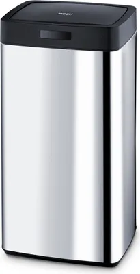 A studio shot of a stainless steel trash can with a black lid.