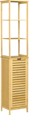 Produktbild von Bambus Kleiderschrank mit Kippschutz, 3 Regalböden und Lamellentür - 34x30x173cm | Hochschrank, Badschrank für optimale Raumausnutzung