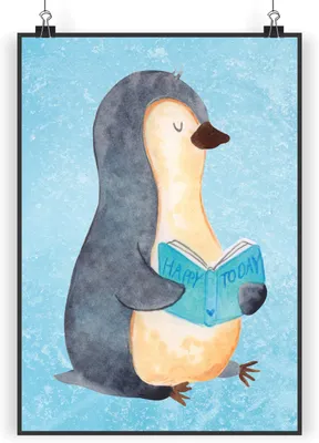 Produktbild von Mr. & Mrs. Panda Bild Pinguin Buch DIN A4 - Eisblau - Geschenk, Urlaub, Ausruhen, drucke, wanddeko, Plakat, Kunstdruck, Nichtstun, Wandbild, Pause