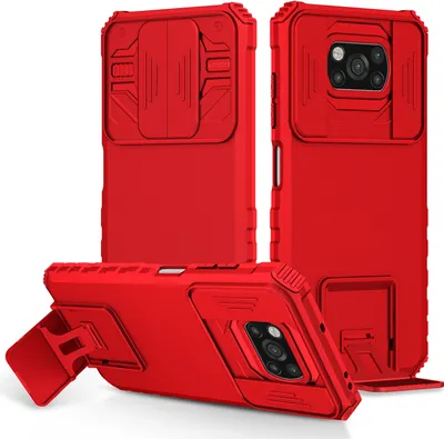 Produktbild von Xiaomi Poco X3 Hülle, Dual Layer Ständer Schutzhülle mit Schiebe Kamera Schutz für Xiaomi Poco X3 NFC / X3 Pro Rot