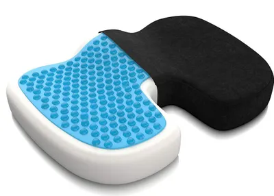 A close-up, studio shot of a gel seat cushion with a memory foam base.