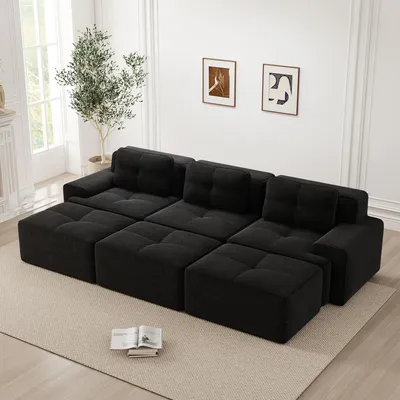 Produktbild von Rahmenloses Ecksofa aus weichem Cordstoff, modular mit Schlaffunktion und 3 Hockern, 3-Sitzer-Wohnzimmersofa