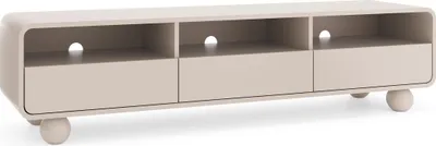 A beige TV stand with three open shelves and three drawers, supported by spherical legs, is shown against a white background.