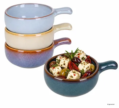 Produktbild von 4er Set Gustos Dipschälchen 90ml mit Henkel Steingut Antipasti 4Farben, KI-generiertes Bild