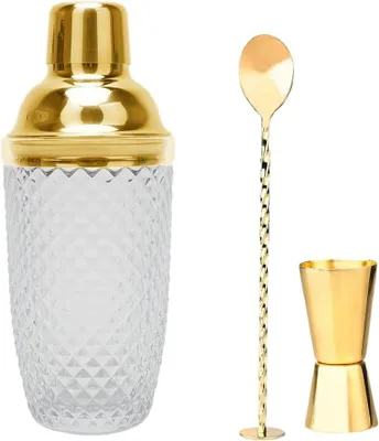 Imagen del producto de Coctelera de vidrio de 400 ml con vaso medidor y cuchara de acero inoxidable, ideal para uso doméstico, bares, vinos, zumos de frutas mezcladas y otras bebidas. Color: dorado