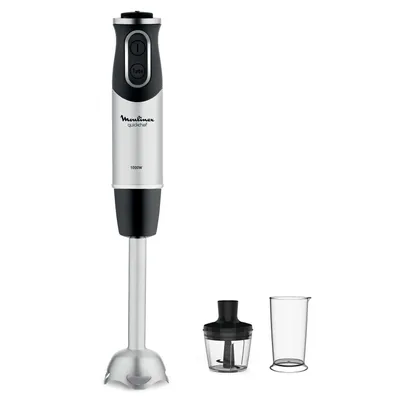 A Moulinex hand blender with accessories is displayed against a white background.