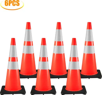 Produktbild von Verkehrssicherheitskegel, 6 Stück, PVC-Parkkegel, 91,4 cm, 35 x 35 cm Basis, schwarze Gummibasis für Straßen mit erhöhter Warnstufe, Baustellen