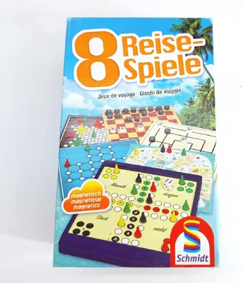 The image shows the front of a board game box featuring multiple travel-sized games.