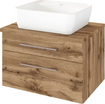 Produktbild von Waschtisch-Unterschrank mit Siphonausschnitt 60 cm inkl. Keramik Aufsatzwaschbecken TAREE-03 in wotaneiche Nb.