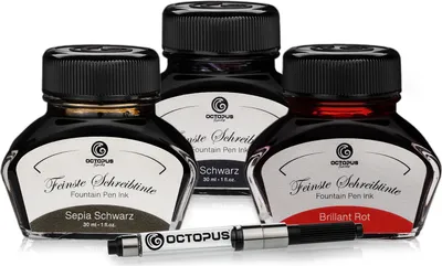 Produktbild von 3 x 30 ml Octopus Schreibtinte mit Tinten-Konverter, Schwarz, Sepia und Brillant Rot