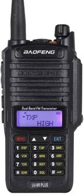 A black Baofeng UV-9R Plus V2 walkie talkie is shown against a white background.