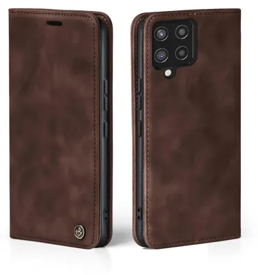 A brown flip cover phone case for a Samsung Galaxy A42 is shown from two angles.