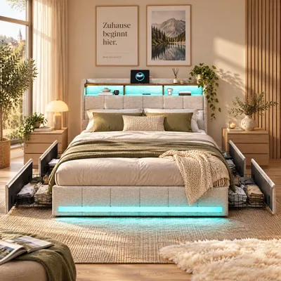Obrázok produktu pre Postel s čalúneným čelom a LED osvetlením, s USB portom, rozmery 180x200 cm, dvojlôžko s 4 zásuvkami, rám postele s latkovým roštom, farba: béžová (bez matraca)