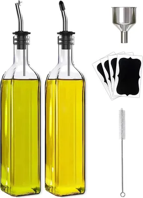 Produktbild von Olivenöl-Spenderflasche, 2-teiliges Set mit Olivenöl-Spender und Essigspender aus Glas mit 2 Ausgießern aus Edelstahl, 4 Etiketten, 1 Bürste und 1 Trichter, Ölflaschen für die Küche (500 ml)