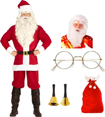 Produktbild von Weihnachtsmann Komplett Set / Kostüm Brille Glocke Sack Perücke Bart # Gr. XL/XXL