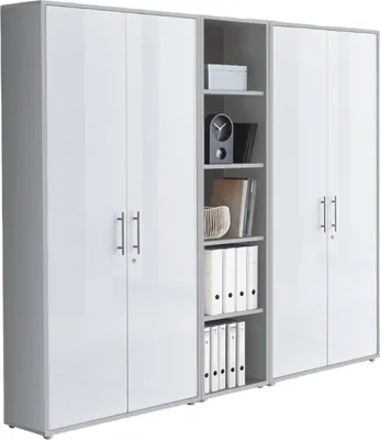 Produktbild von Aktenschrank TABOR 10 in lichtgrau / weiß Hochglanz, Schrankwand, Büroschrank, abschließbar, Metallgriffe