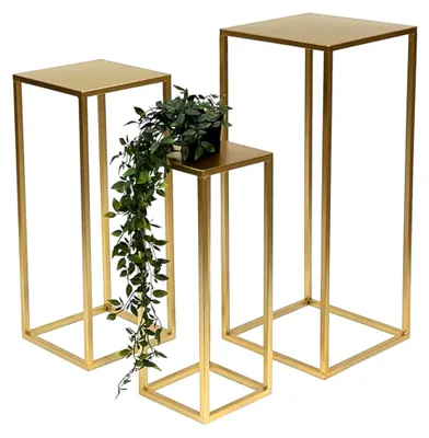 Produktbild von Blumenhocker Metall Gold Eckig Blumenständer Beistelltisch 3er Set Blumensäule Modern Pflanzenständer