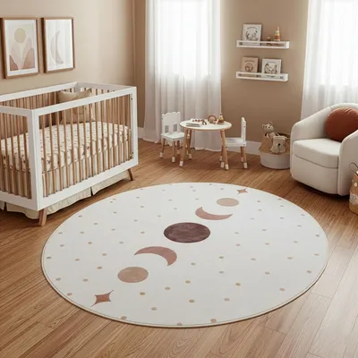 Produktbild von Carpetsale24 Kinderteppich Mondphasen rund 120 cm für Kinderzimmer in Creme mit Boho Design ideal für kleine Ruhebereiche
