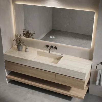 Produktbild von Badmöbel-Set mit Sinterstein-Waschbecken in Travertine look, verdecktem Ablauf, Spiegel, Unterschrank, Ablage, Ablaufgarnitur 120*55 cm【NF1798-120BKK】