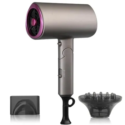 A professional studio shot of a hairdryer and its accessories against a white background.